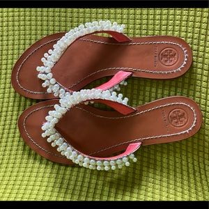 Tory Burch Tatiana Thong Sandals, Printed Satin and Pearls, Hicks Garden Sz 7M